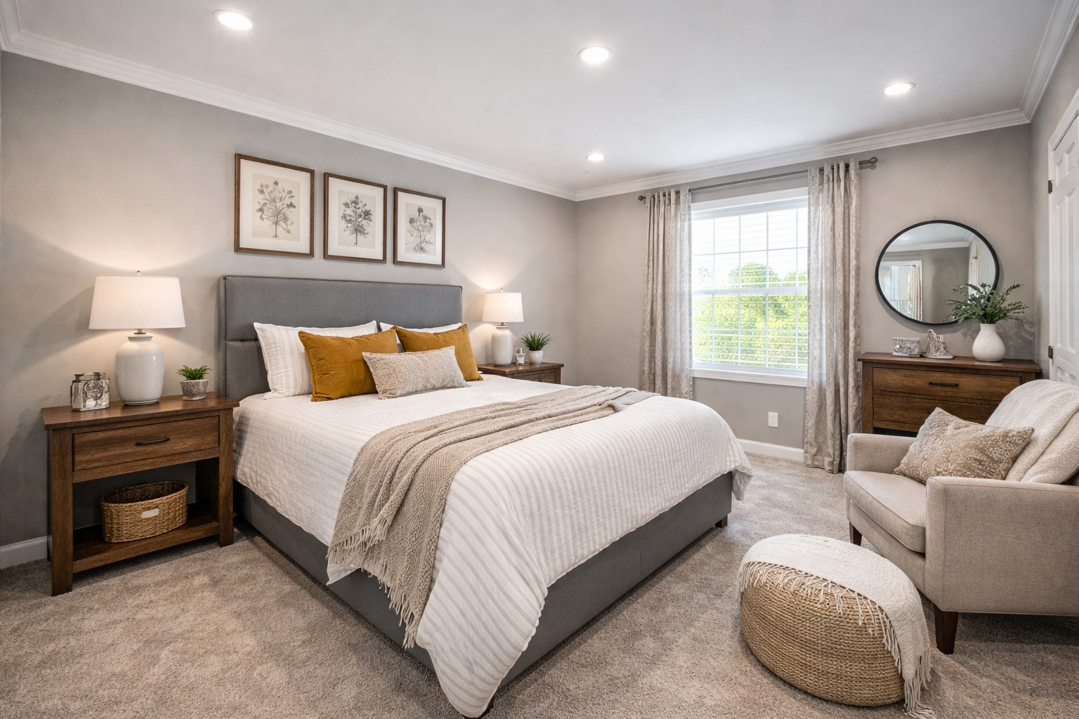 A cozy bedroom with a plush gray headboard and neatly arranged white bedding accented by mustard pillows. Warm wood nightstands and soft lighting create an inviting ambiance. A large window with sheer curtains brightens the neutral-toned room, featuring a round mirror, artwork, and a comfortable chair with a textured pouf.
