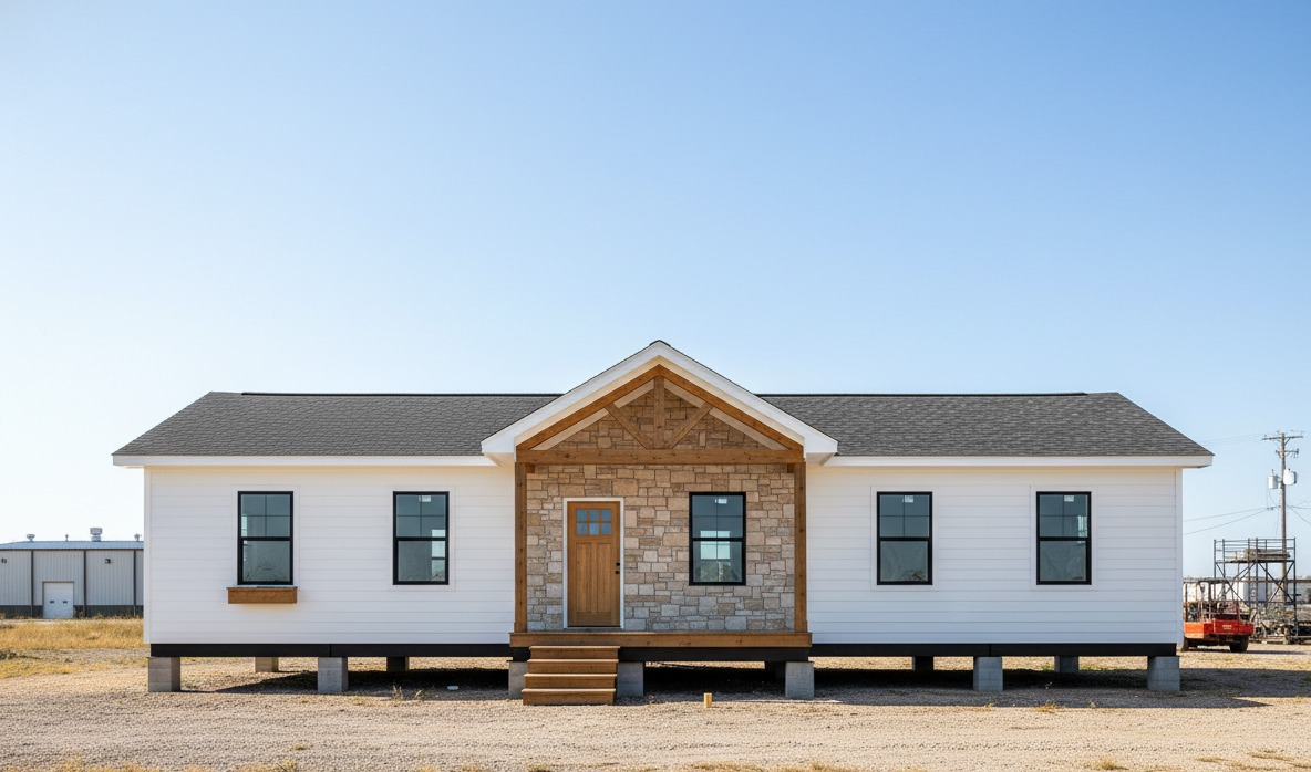 A single-story modular home with white siding and a gray shingle roof. It features a stone facade around the entrance and steps leading up to the wooden door.