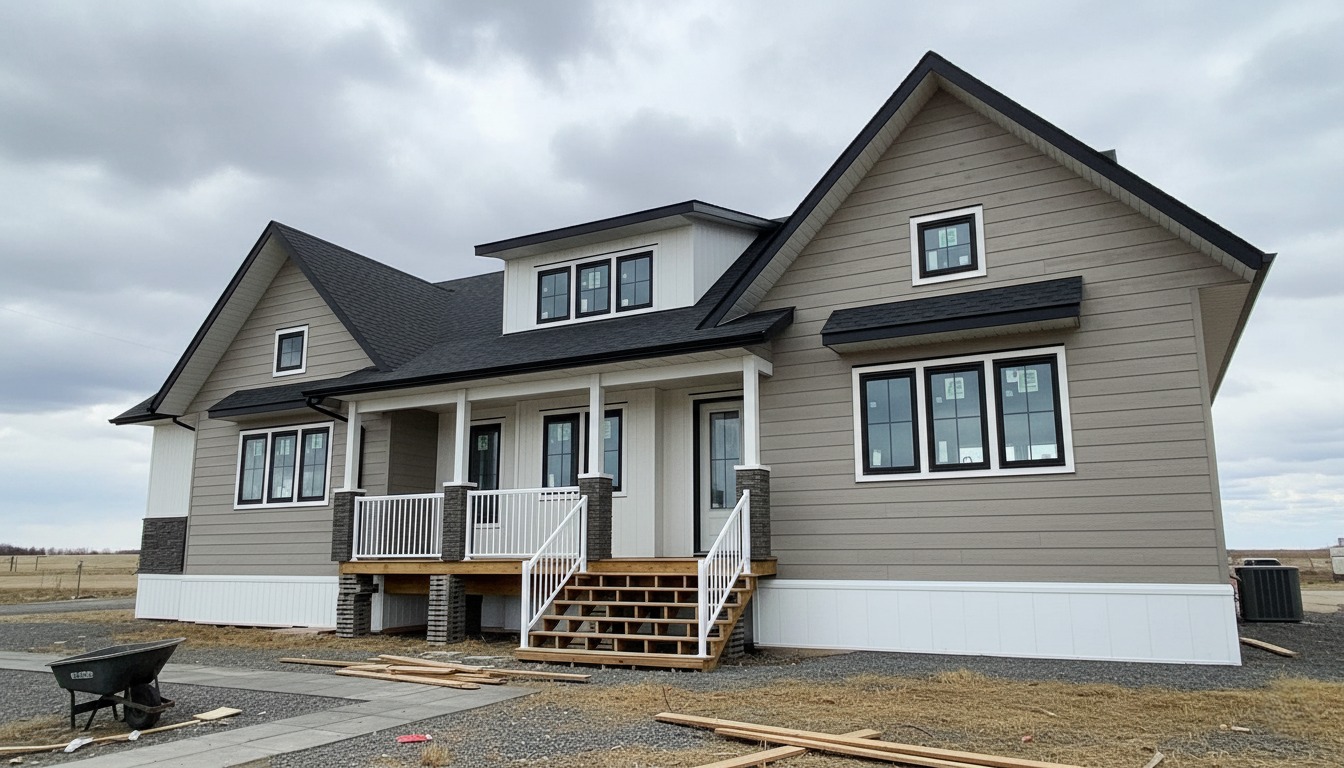 A modern beige house with white trim and a black roof under a cloudy sky. It features a prominent front porch with steps and new landscaping.