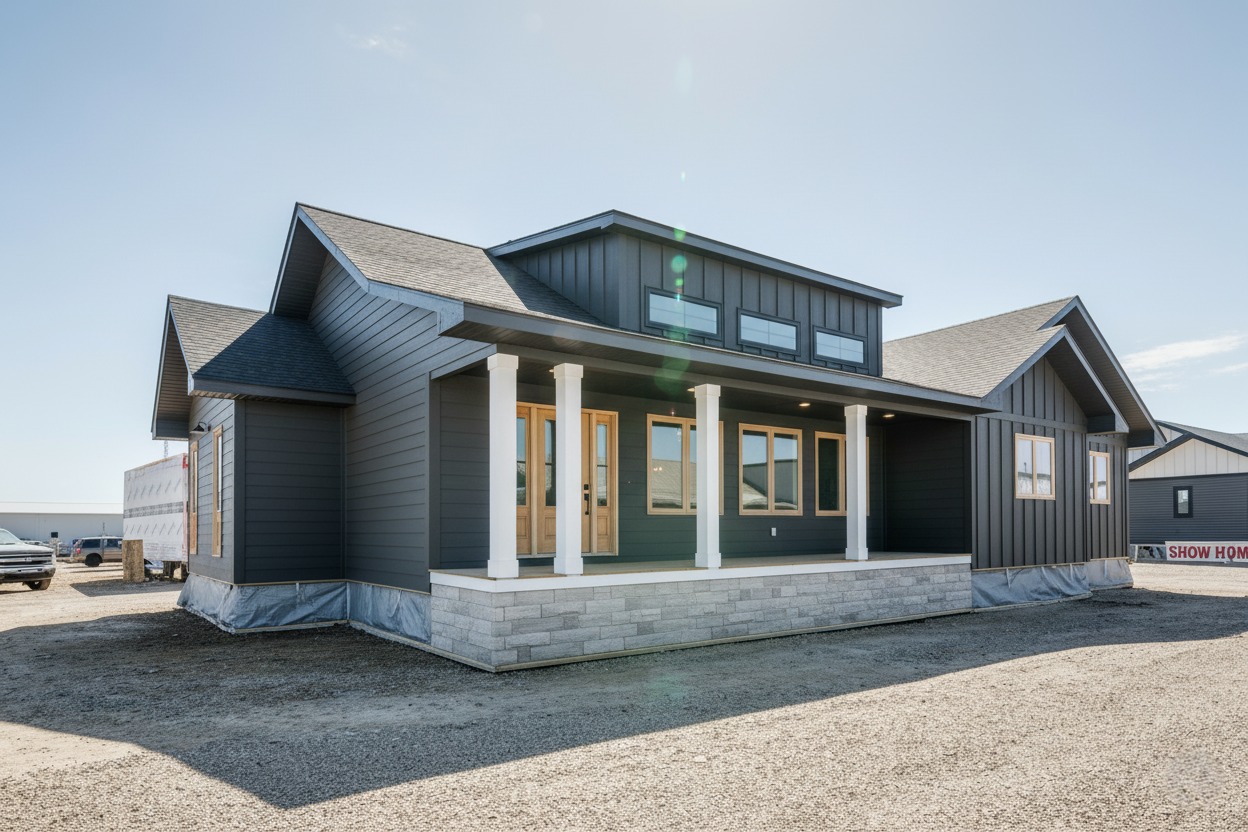 Modern, single-story prefab house with dark siding, white columns, and multiple windows. It sits on a gravel area under a clear blue sky.
