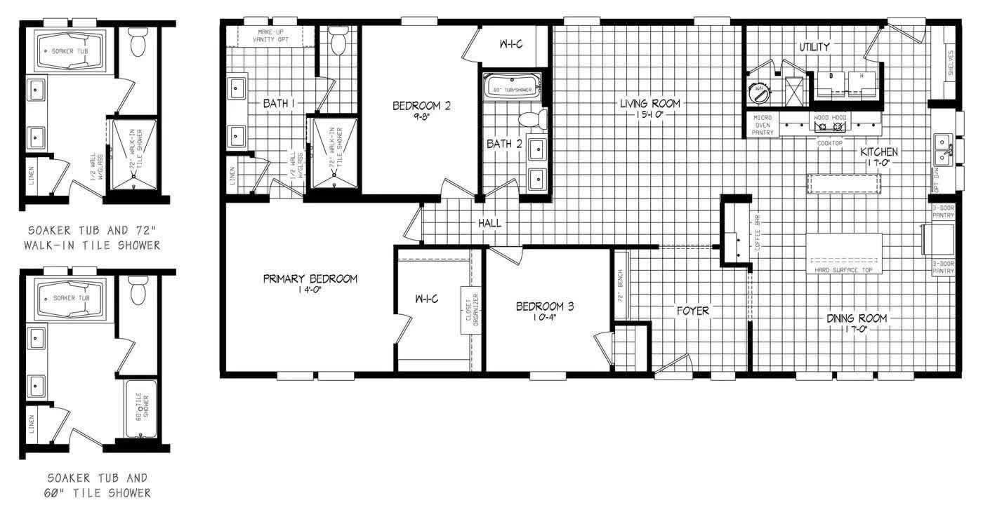 Floor plan showing a three-bedroom layout with primary suite, two baths, living room, dining room, kitchen, and utility area. Includes optional bath designs.