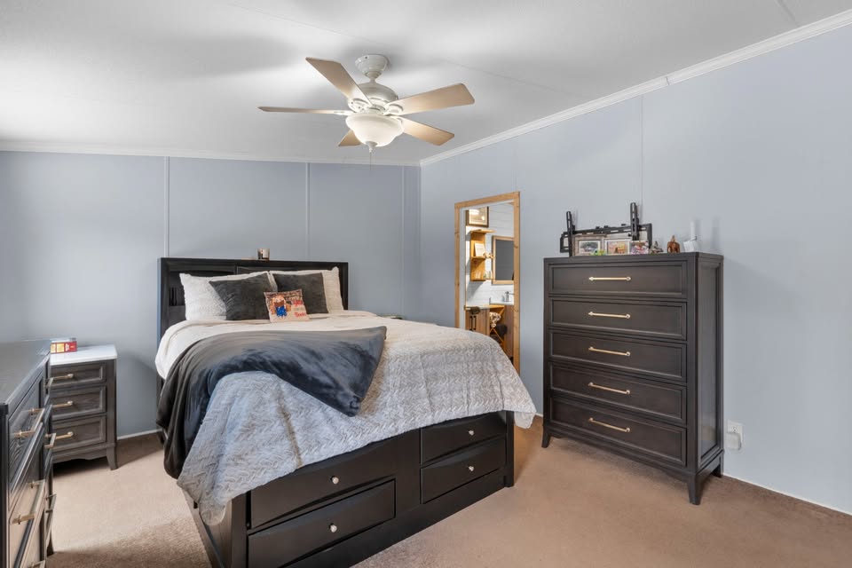 A cozy bedroom with light blue walls features a double bed with white and grey bedding. Dark wooden dressers add elegance, while a ceiling fan hangs above.