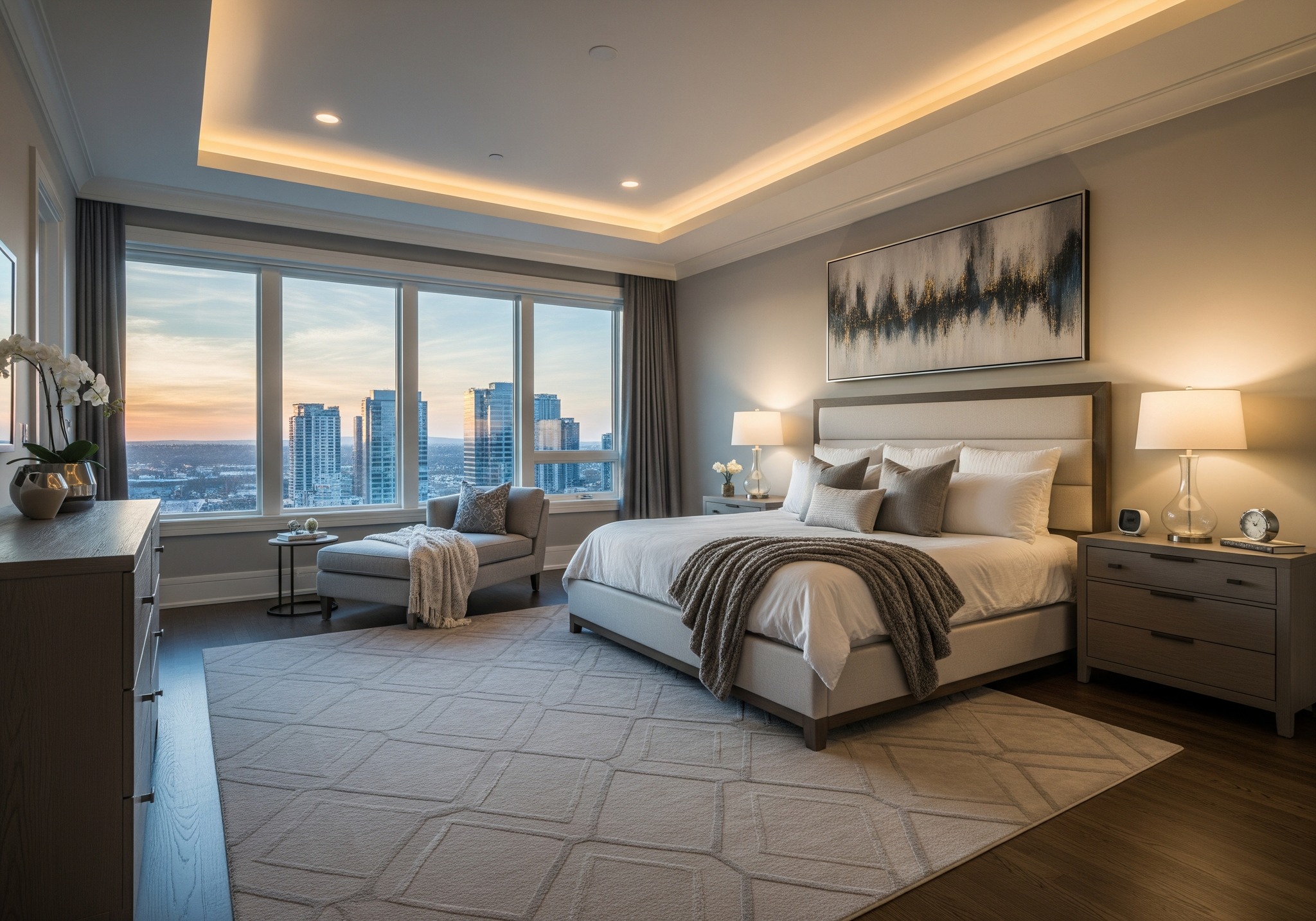Modern bedroom with large windows showcasing a sunset cityscape. Features a plush bed, cozy armchair, elegant lamps, and abstract art, conveying tranquility.