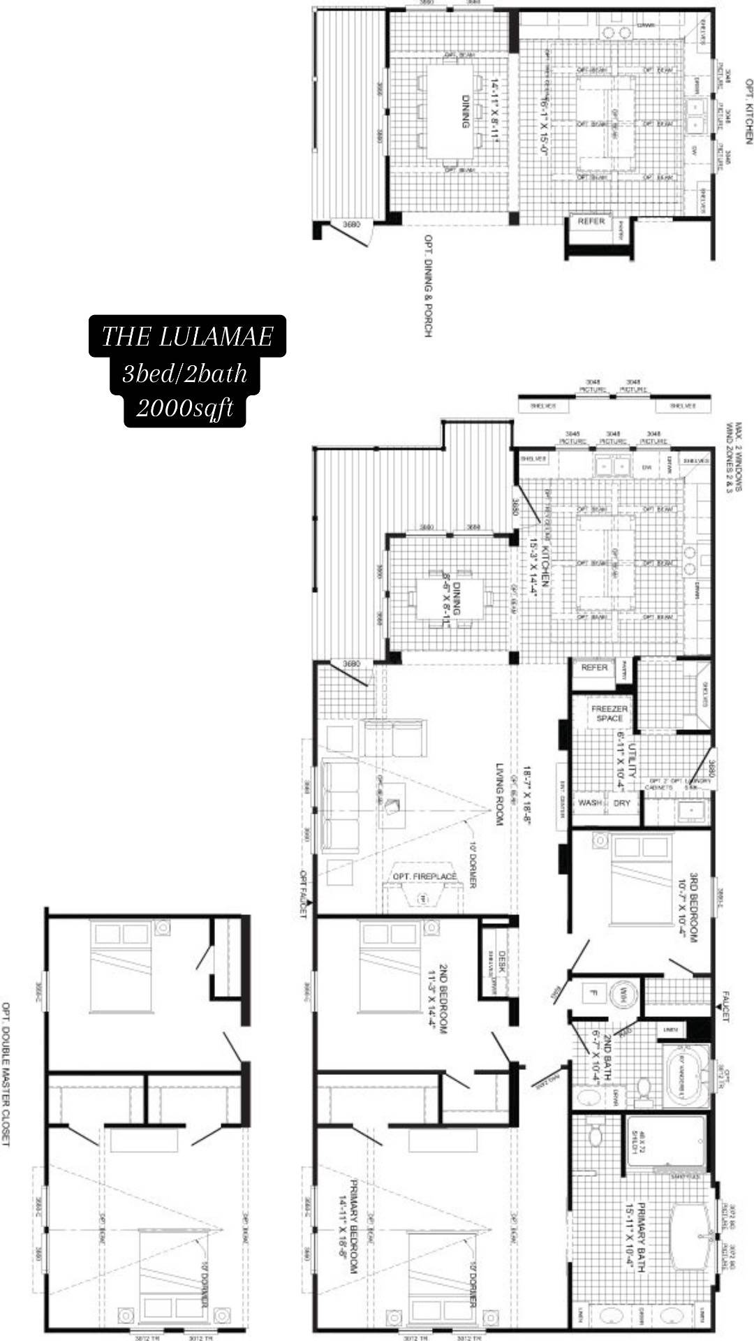Floor plan of "The Lulamae," a 3-bedroom, 2-bathroom, 2000 sqft home. Features include a spacious kitchen, living area, and optional outdoor porch.