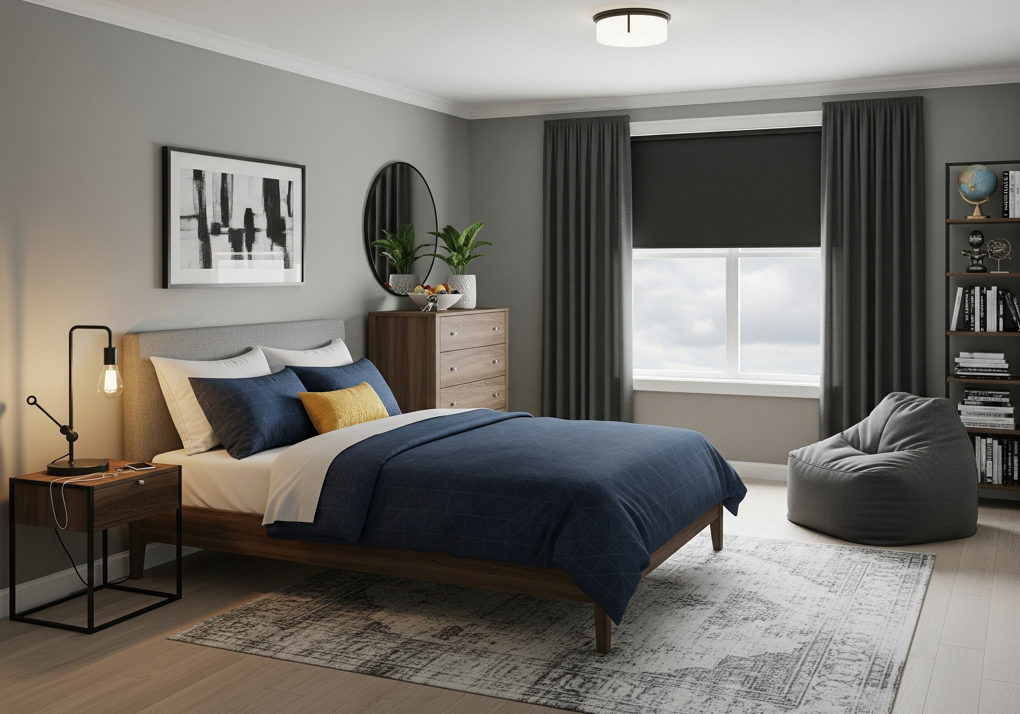 Modern bedroom with gray walls and wood floor. Features a cozy bed with blue bedding, a wooden dresser, a bean bag, and a rug. Soft light and peaceful atmosphere.