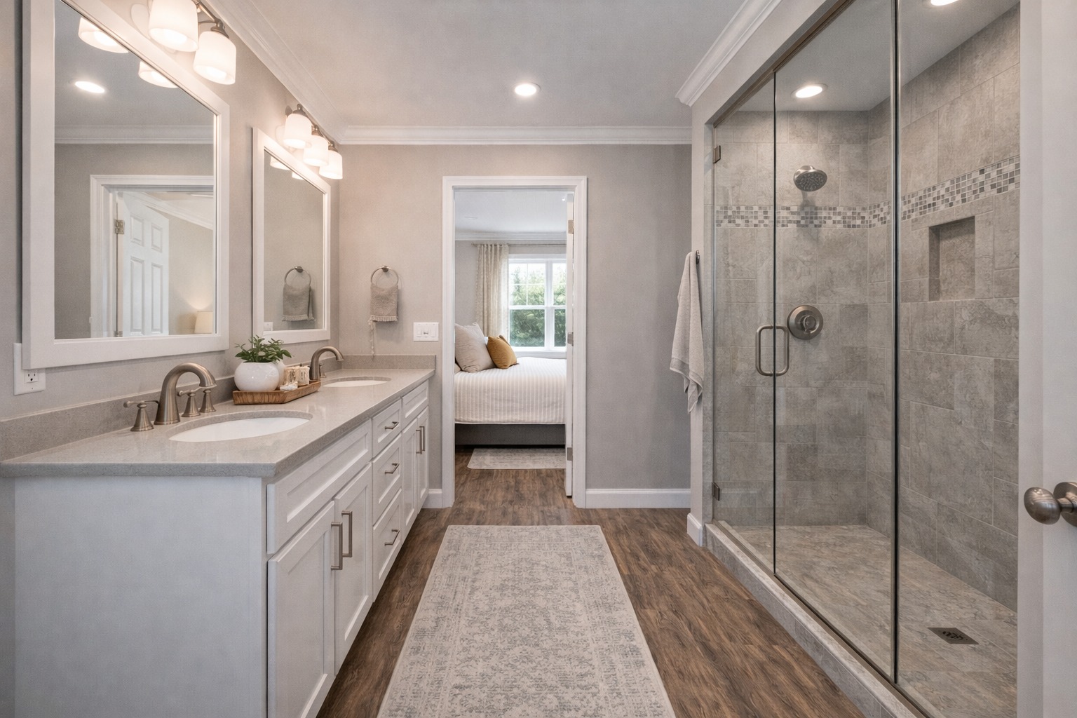 Modern bathroom with double vanity, large mirrors, and a glass-enclosed shower. Neutral tones and wood flooring create a calm, elegant ambiance.