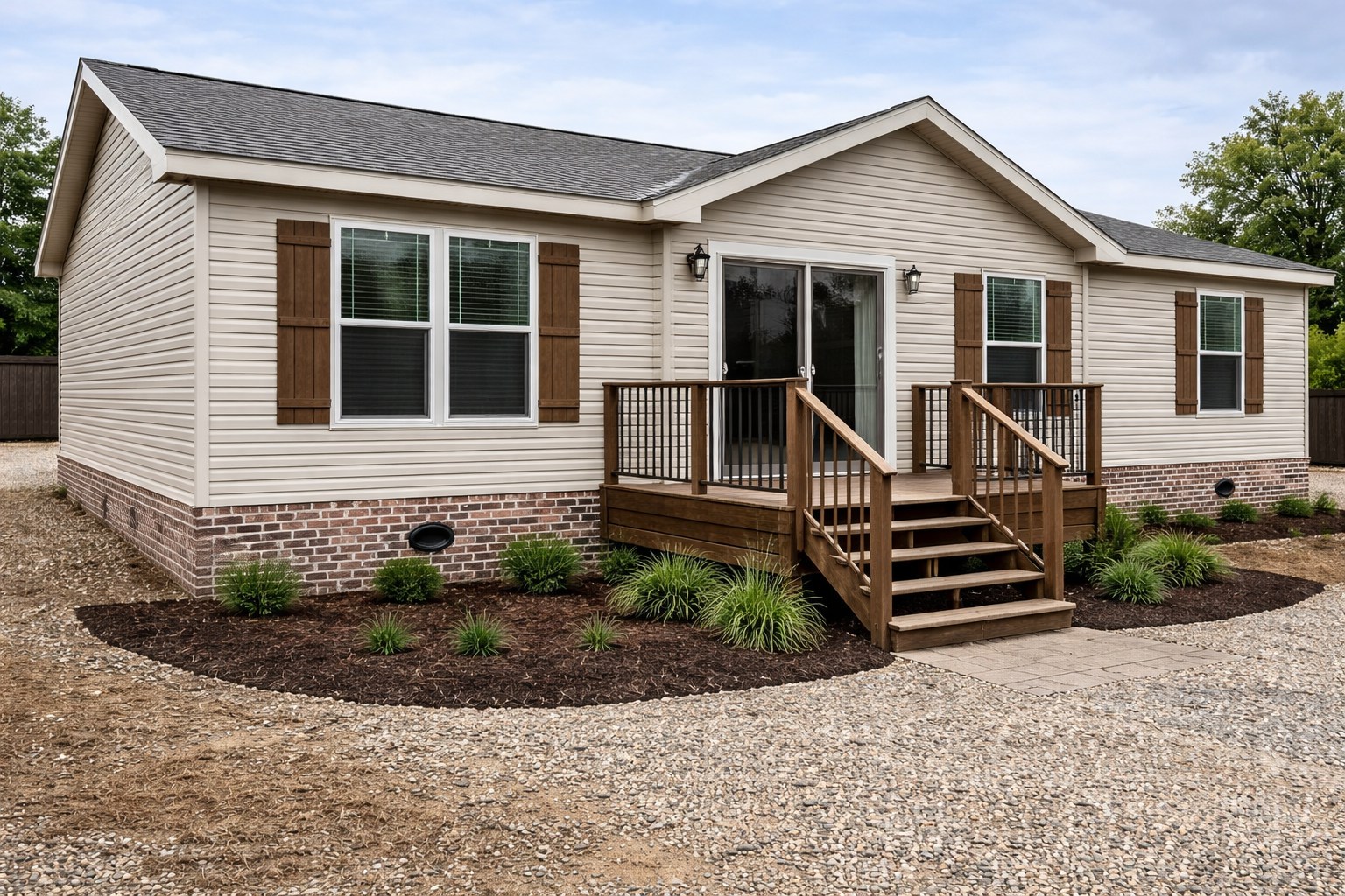 A single-story beige house with a gabled roof, brick foundation, and wooden shutters. It has a small wooden porch and tidy landscaping with shrubs.