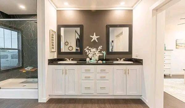 A modern bathroom is shown with a double-sink vanity featuring white cabinets and black countertops. Two mirrors and a decorative starfish adorn the wall, while a shower with a glass door is visible to the left. The space conveys a clean, elegant feel.
