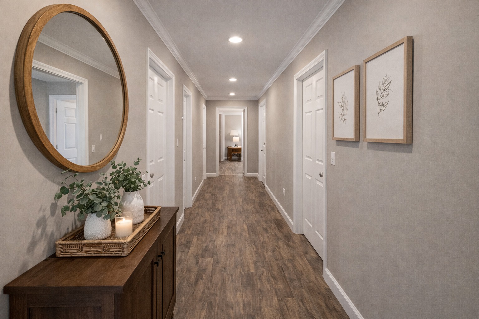 A warm, inviting hallway with wood flooring and soft gray walls. A round mirror, plant, and candles sit on a side table. Framed leaf art adorns the wall.