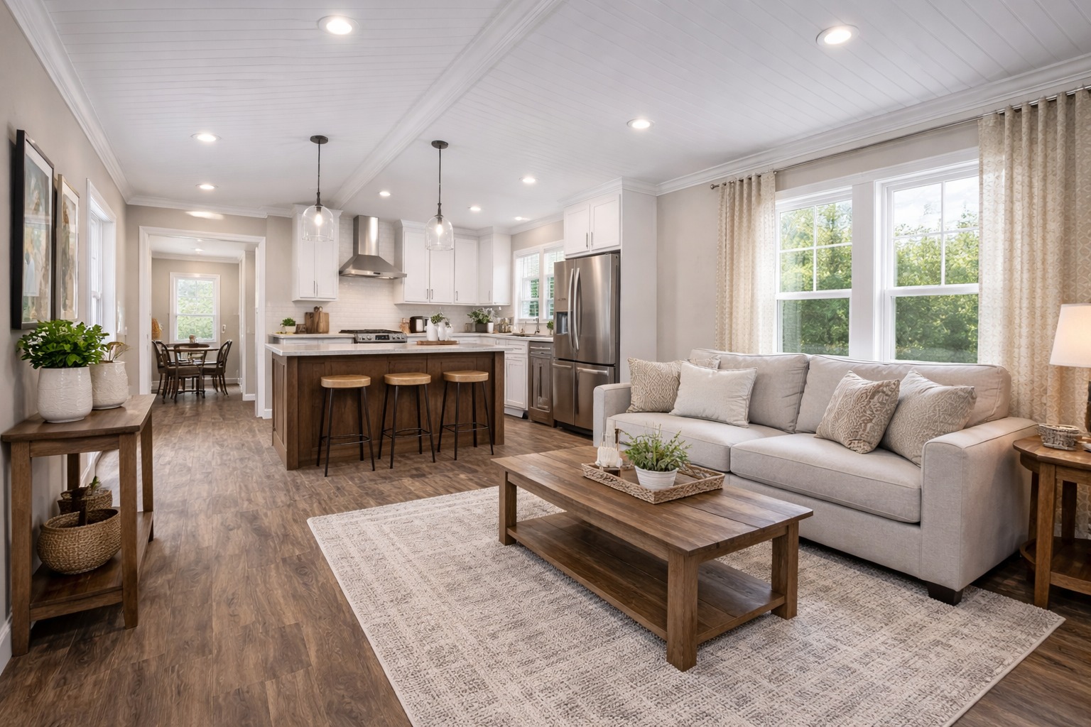Spacious open-plan living room and kitchen with wood floors. Features a cozy gray sofa, a wooden coffee table, bar stools, and bright lighting.