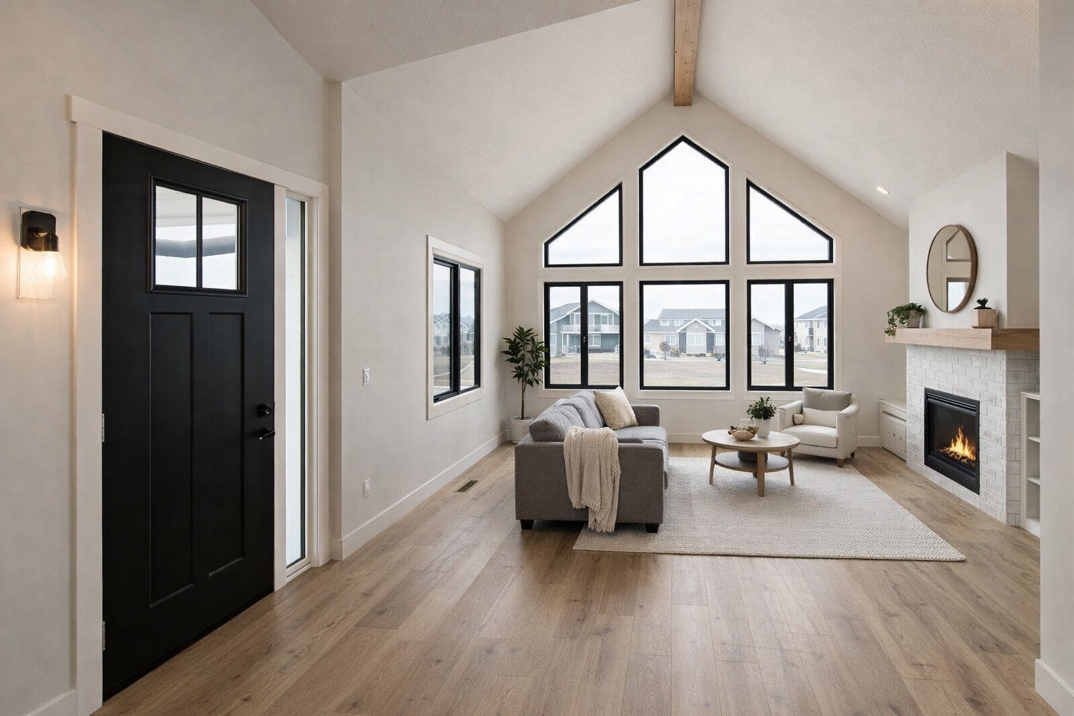 Spacious living room with vaulted ceiling and large geometric windows. Features a gray sofa, light wood floor, round table, and cozy fireplace.
