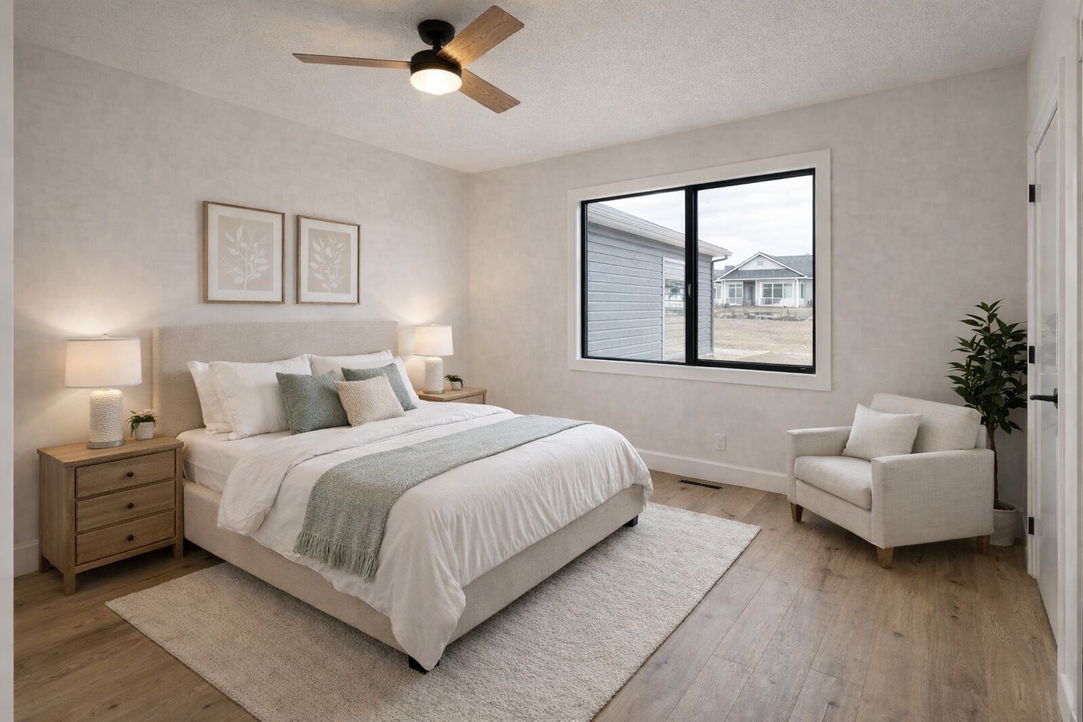 A serene bedroom with a large bed, soft white bedding, and pastel pillows. Wooden nightstands and a cozy chair add warmth. A large window offers natural light.