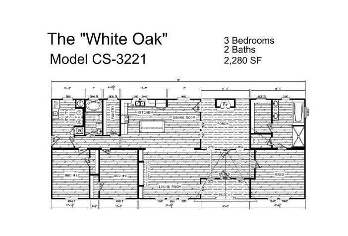 Floor plan for "White Oak" Model CS-3221, featuring 3 bedrooms, 2 baths across 2,280 square feet. Includes kitchen, dining, and living rooms.
