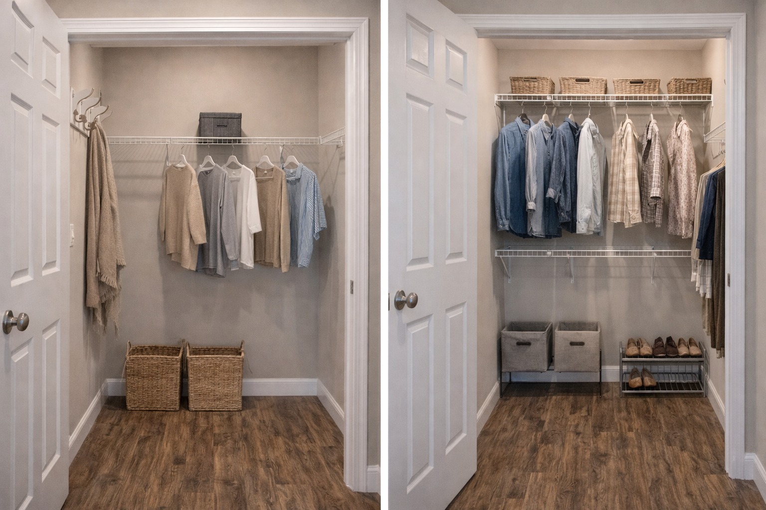 Two side-by-side closet images show a transformation. The left image has a sparse setup with few clothes and baskets, while the right is neatly organized with more clothing, bins, baskets, and shoes on a rack, all on a wooden floor.