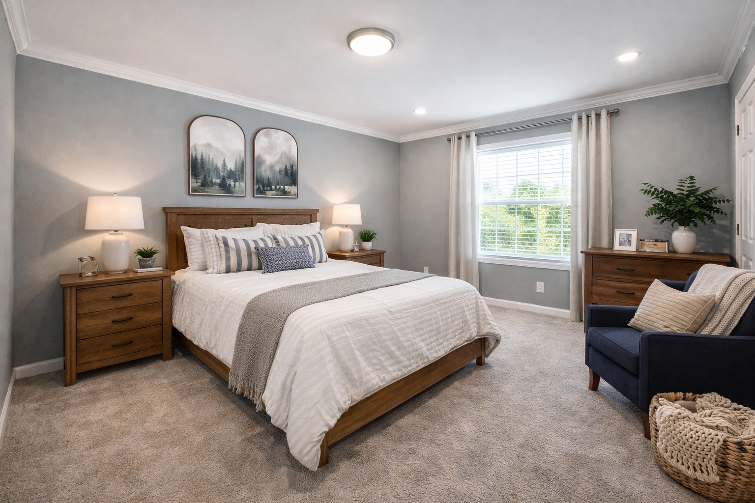 A cozy bedroom with a wooden bed, white bedding, and striped pillows. Two nightstands with lamps flank the bed. Large window with curtains, blue armchair, and a textured rug create a serene atmosphere.