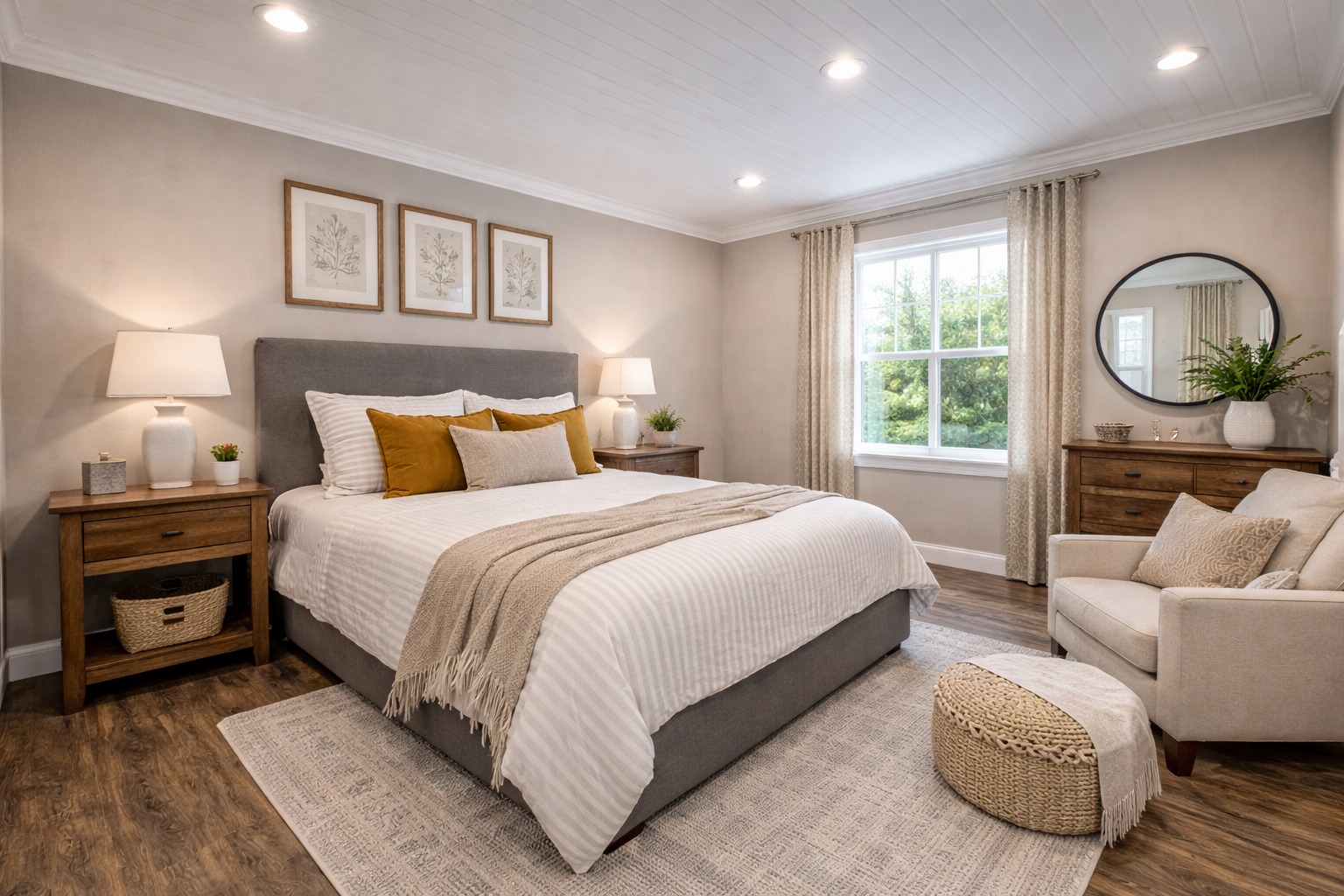 Cozy bedroom with a gray upholstered bed, white linens, mustard pillows, and wood furniture. Soft lighting, large window, neutral tones create a serene ambiance.
