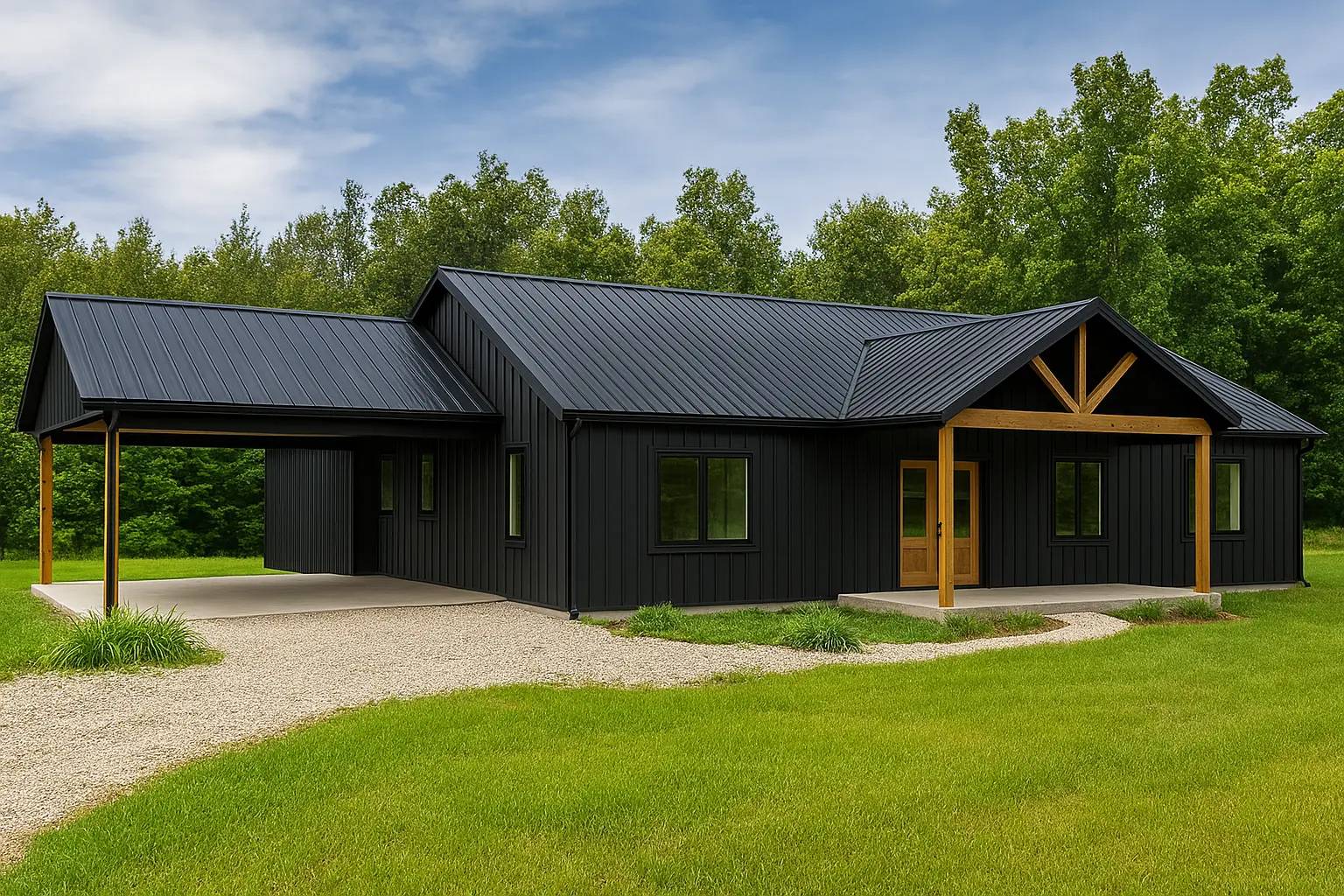 Modern black cabin with a metal roof and wooden accents, surrounded by lush green grass and trees under a partly cloudy sky. Peaceful and rustic atmosphere.