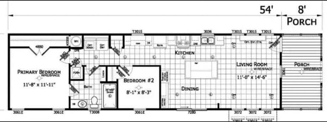 Floor plan showing a 54-foot by 8-foot layout. Includes a porch, living room, kitchen, dining area, primary bedroom, second bedroom, and bathroom.
