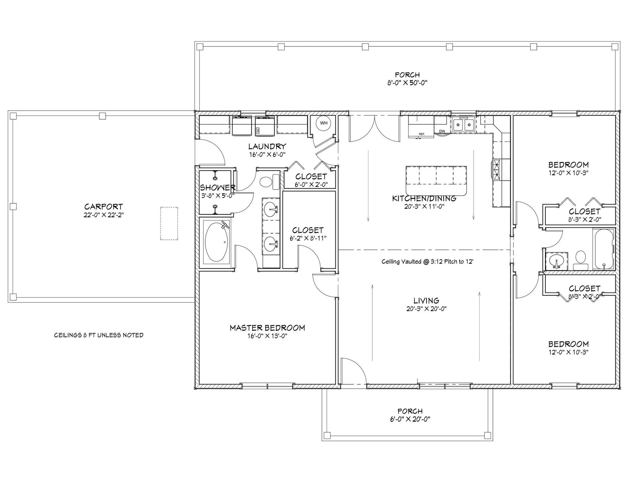 Floor plan with a carport on the left, leading to a laundry room. Central kitchen, dining, and living areas are open-plan. Three bedrooms on the right.