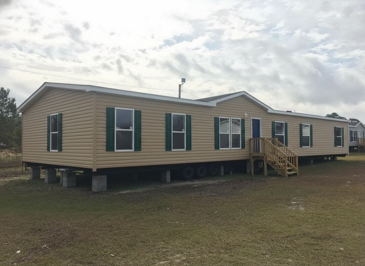 A beige manufactured home with green shutters stands on a grassy area under a cloudy sky. It features a small wooden staircase leading to a blue door.