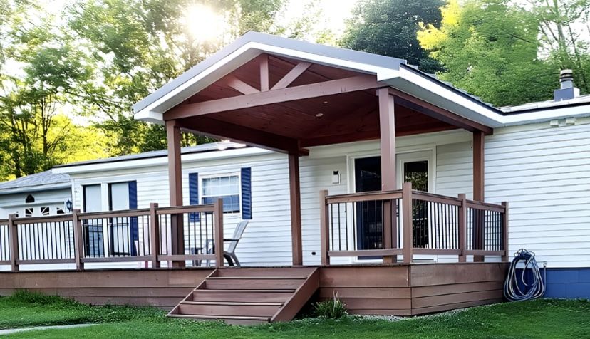 Small white house with a wooden porch, featuring stairs and railings. Sunlight filters through lush green trees, creating a peaceful, inviting atmosphere.