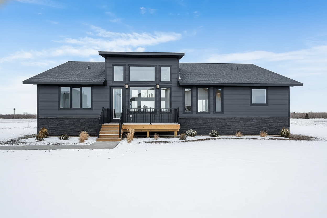 Modern black house with large windows and a porch, set against a snowy landscape and clear blue sky, conveying a serene, minimalist vibe.