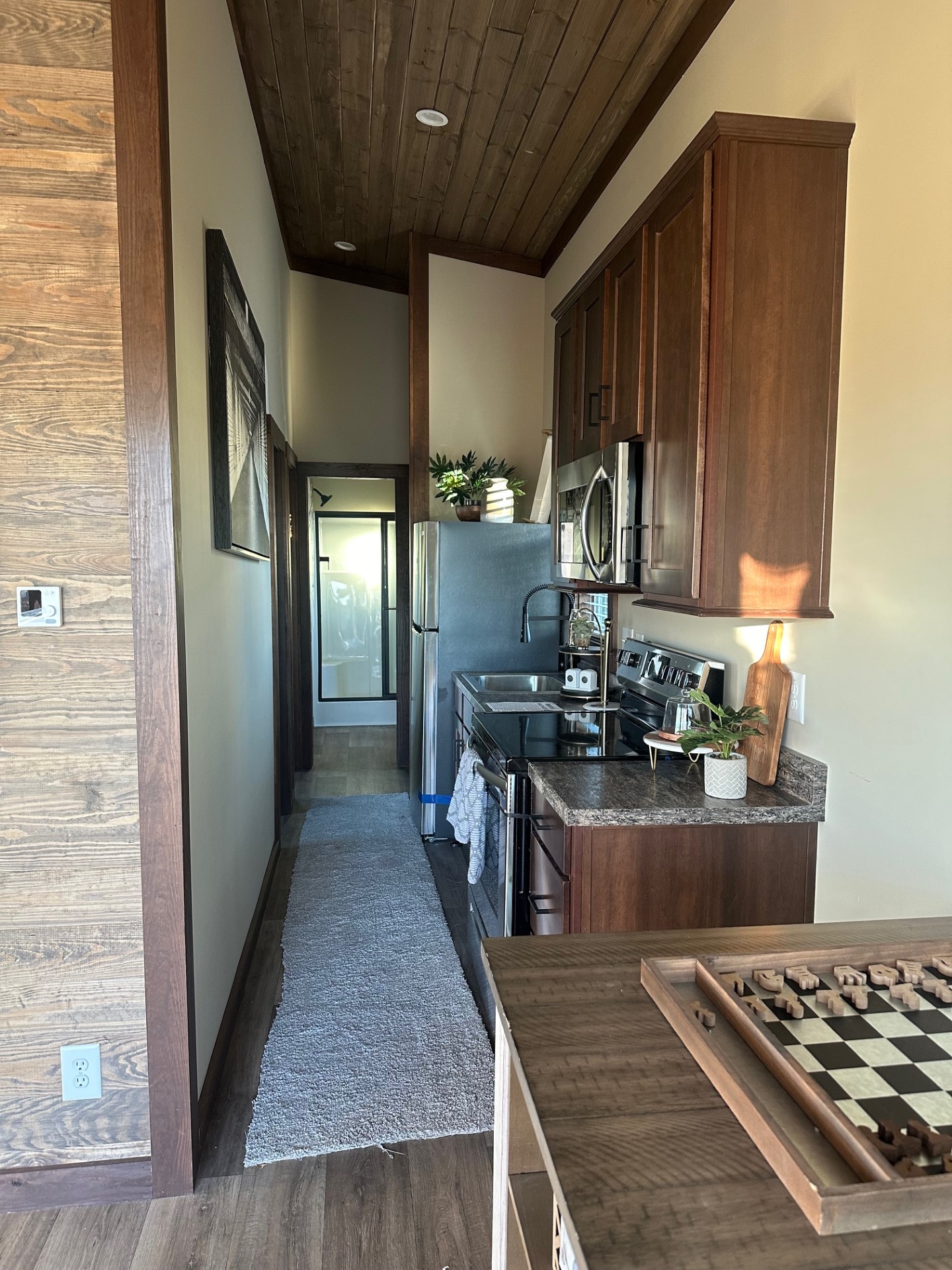 Narrow, modern kitchen with wood cabinets, stainless steel appliances, and potted plants. A chessboard sits on a counter, sunlight streaming in.