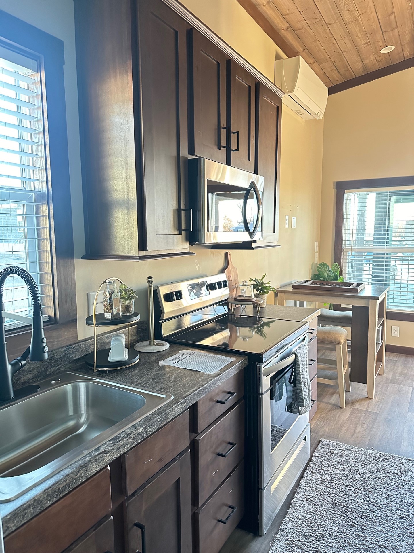 Compact kitchen with dark wood cabinets, a stainless steel oven, microwave, and sink. A window with blinds lights a small dining table with plants. Cozy.
