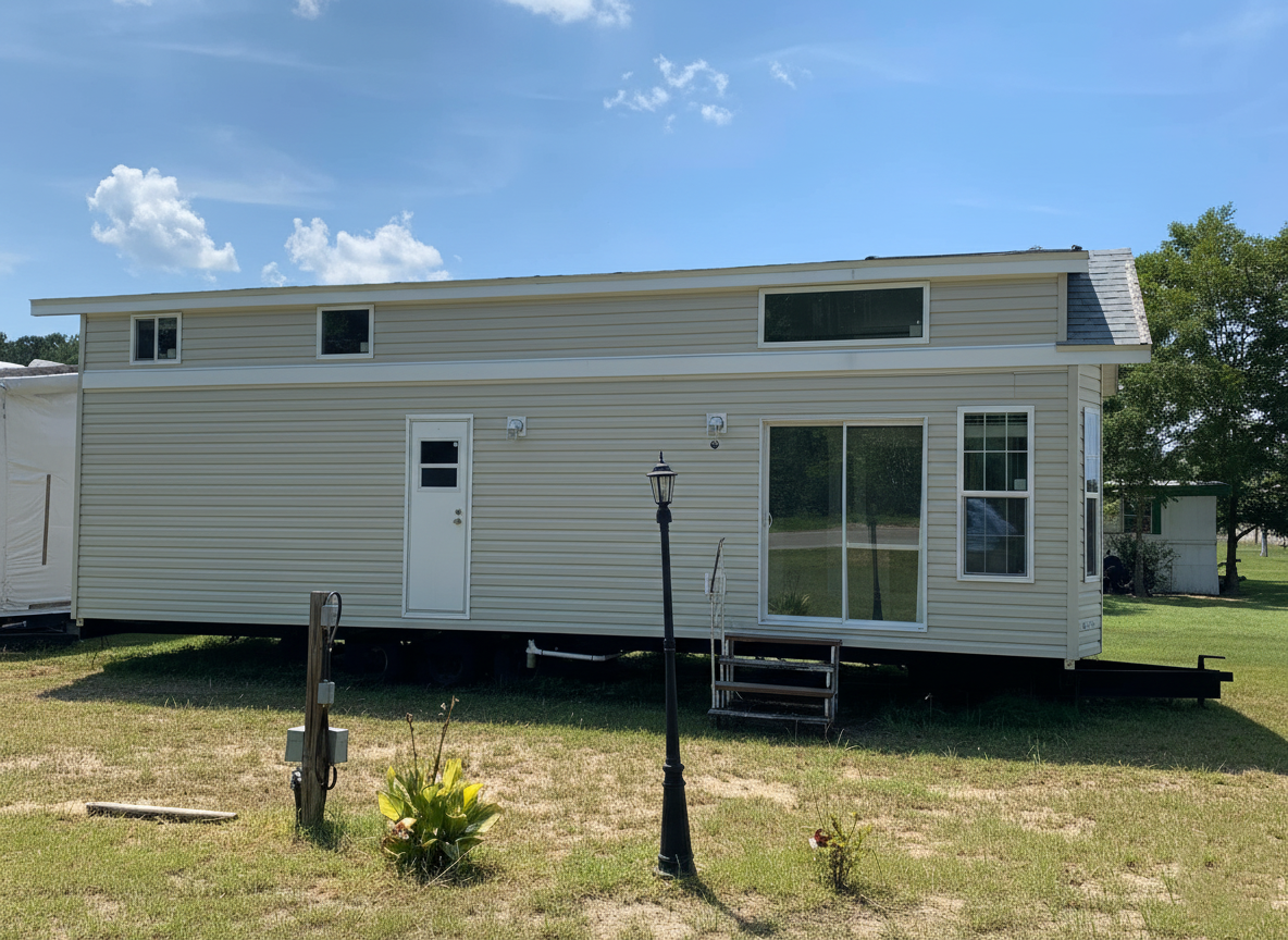 A small beige mobile home with a flat roof and large windows, set on a grassy field under a blue sky. A tall lamp post stands in front. Cozy and tranquil.