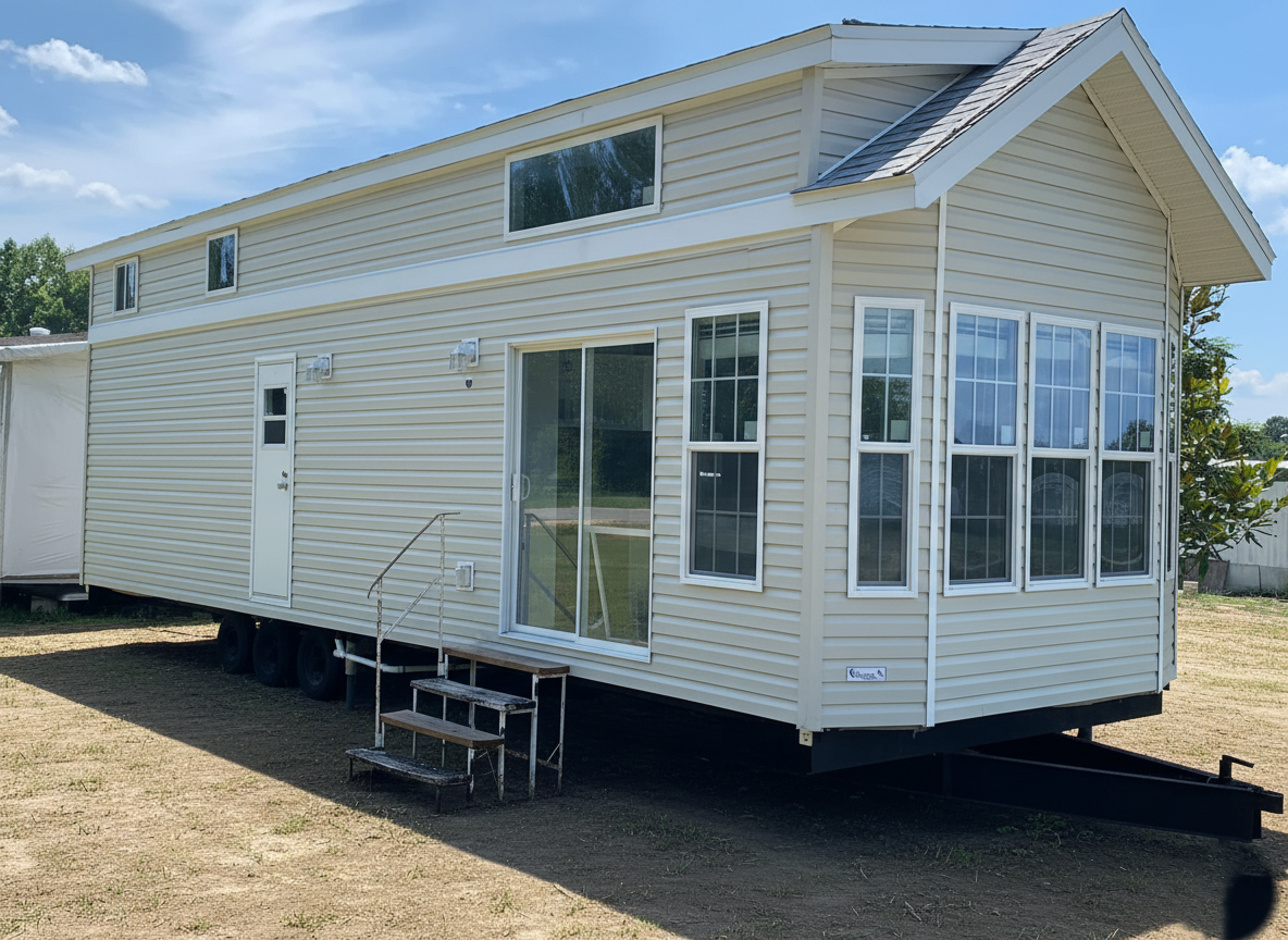 A beige mobile home on wheels sits on a grassy area under a blue sky with scattered clouds. It features large windows, a white door, and metal steps.