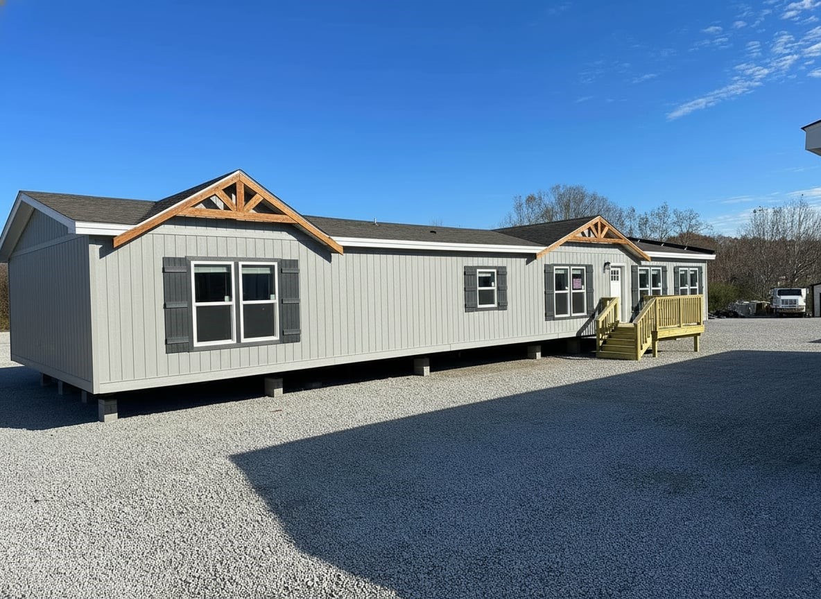 A long, light gray modular home with dark shutters and triangular wooden gable accents sits on a gravel lot under a clear blue sky, exuding a tranquil and open atmosphere.