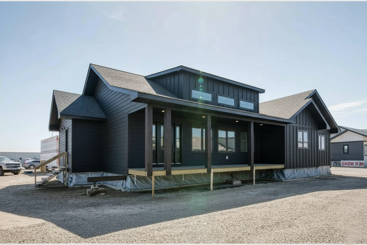 Modern black modular home with a gabled roof and large porch. The house sits elevated on a construction site, surrounded by gravel under a clear sky.