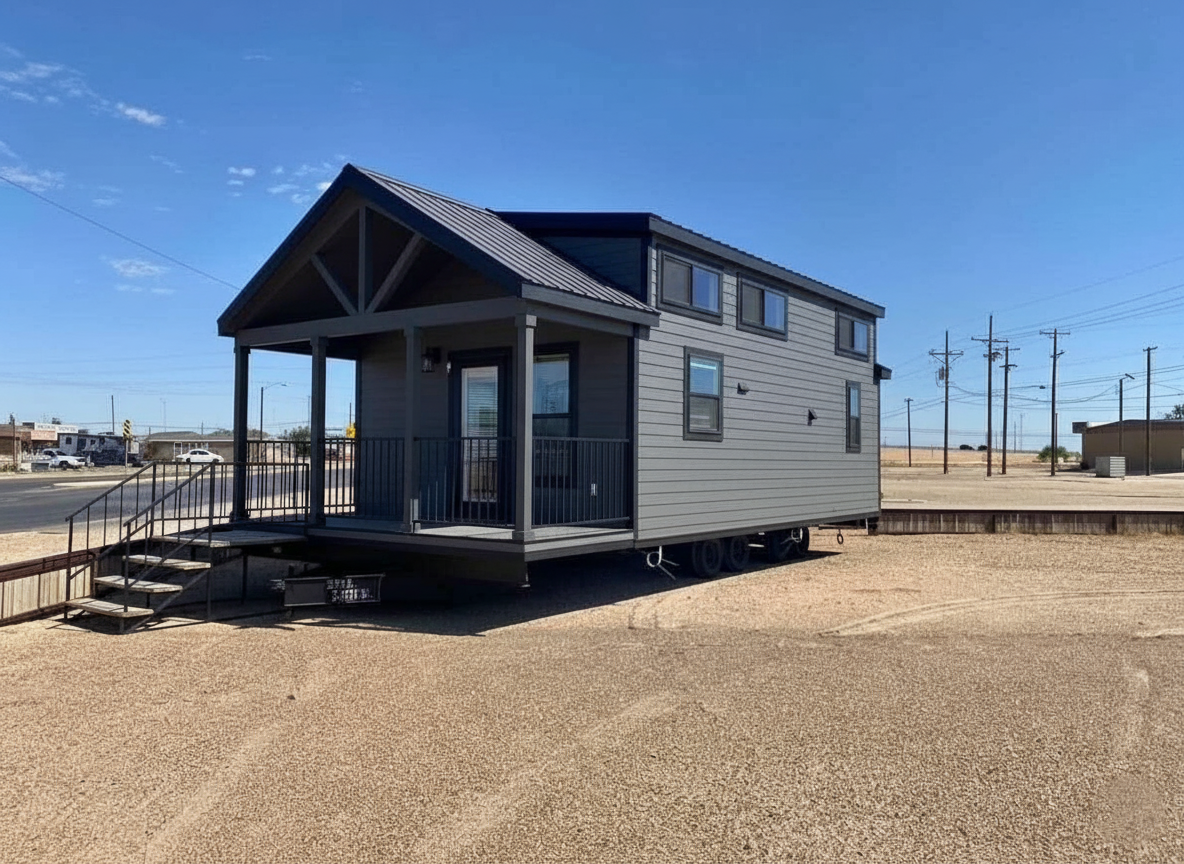 A modern tiny house with gray siding and a dark metal roof sits on a gravel lot under a clear blue sky. It features a small porch and steps.