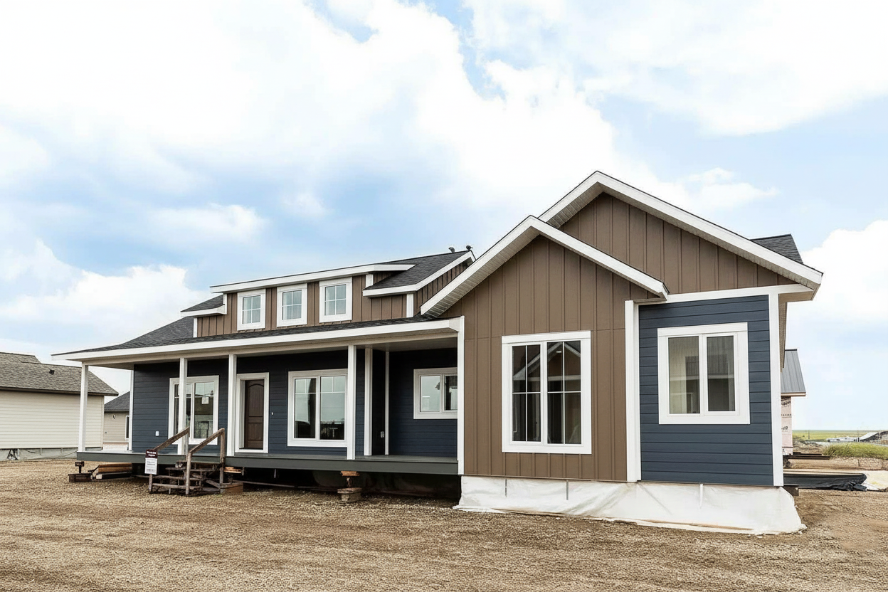 A modern, single-story prefab home with a mix of brown and blue siding under a cloudy sky, featuring large windows and a small front porch.