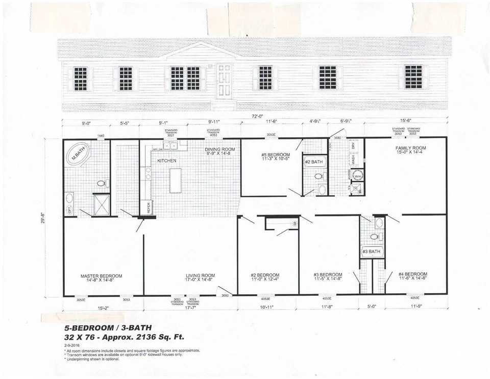 Floor plan of a 5-bedroom, 3-bathroom house, measuring 32x76 feet. Includes a kitchen, dining room, living room, and family room, totaling approximately 2136 sq. ft.