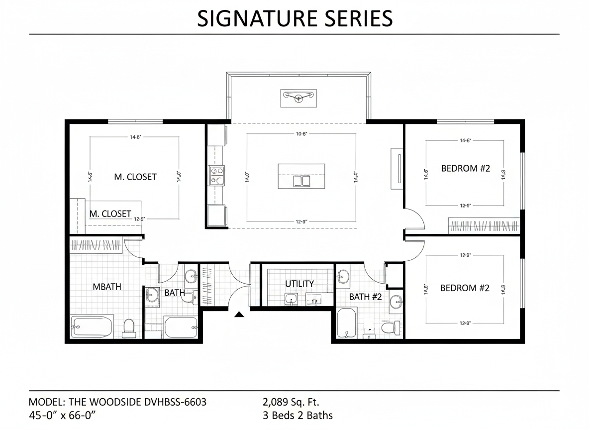 Floor plan titled "Signature Series" showing three bedrooms, two baths, and a central kitchen. Includes utility space. Measures 2,089 sq ft.