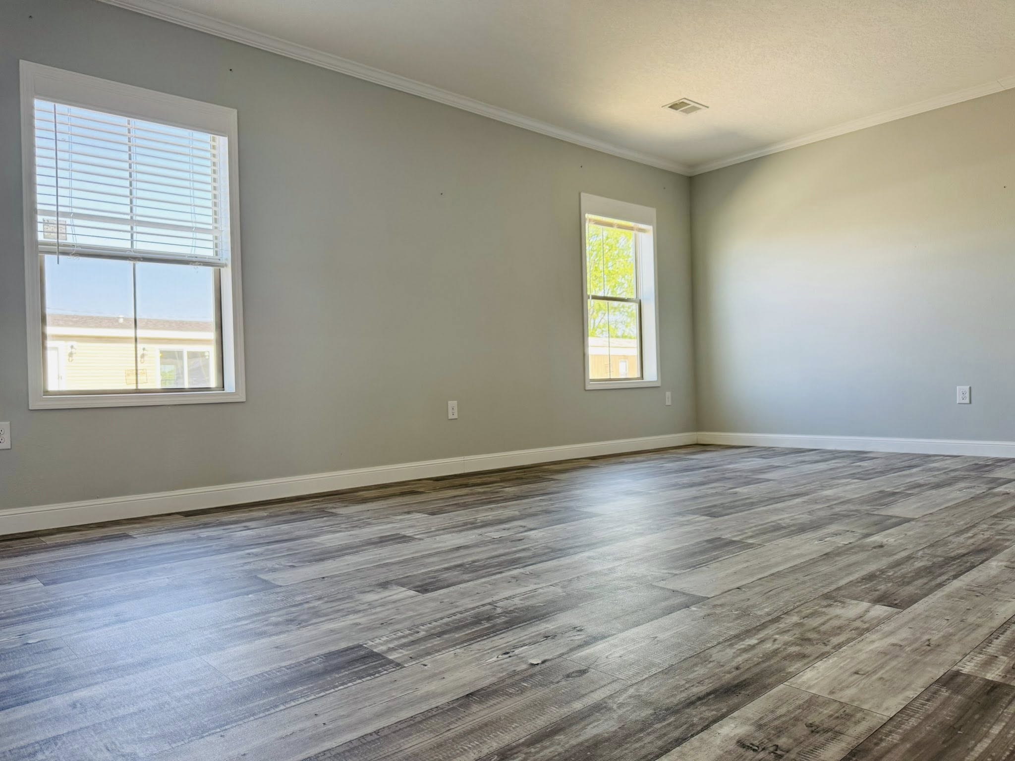 Spacious empty room with light gray walls, two large windows, and wood-patterned flooring. Bright daylight streams in, creating a calm and open atmosphere.