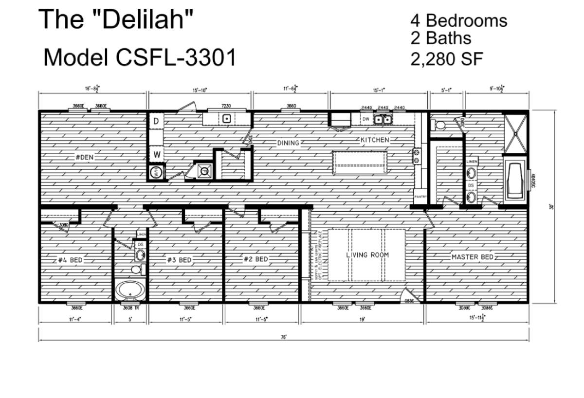 Floor plan of "The Delilah," Model CSFL-3301. Features 4 bedrooms, 2 baths, a kitchen, dining, living room, and den within 2,280 square feet.