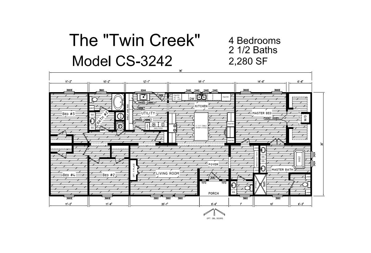 Floor plan of "Twin Creek" Model CS-3242. Features 4 bedrooms, 2.5 baths, 2,280 sq ft. Includes living room, kitchen, and master suite. Cozy and functional layout.