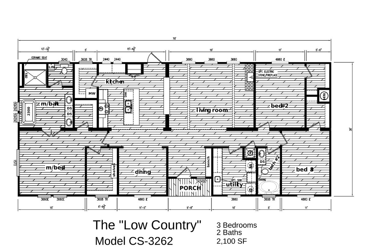 Floor plan of "The Low Country" model CS-3262. It features 3 bedrooms, 2 baths, kitchen, living room, and porch. Total area is 2,100 square feet.