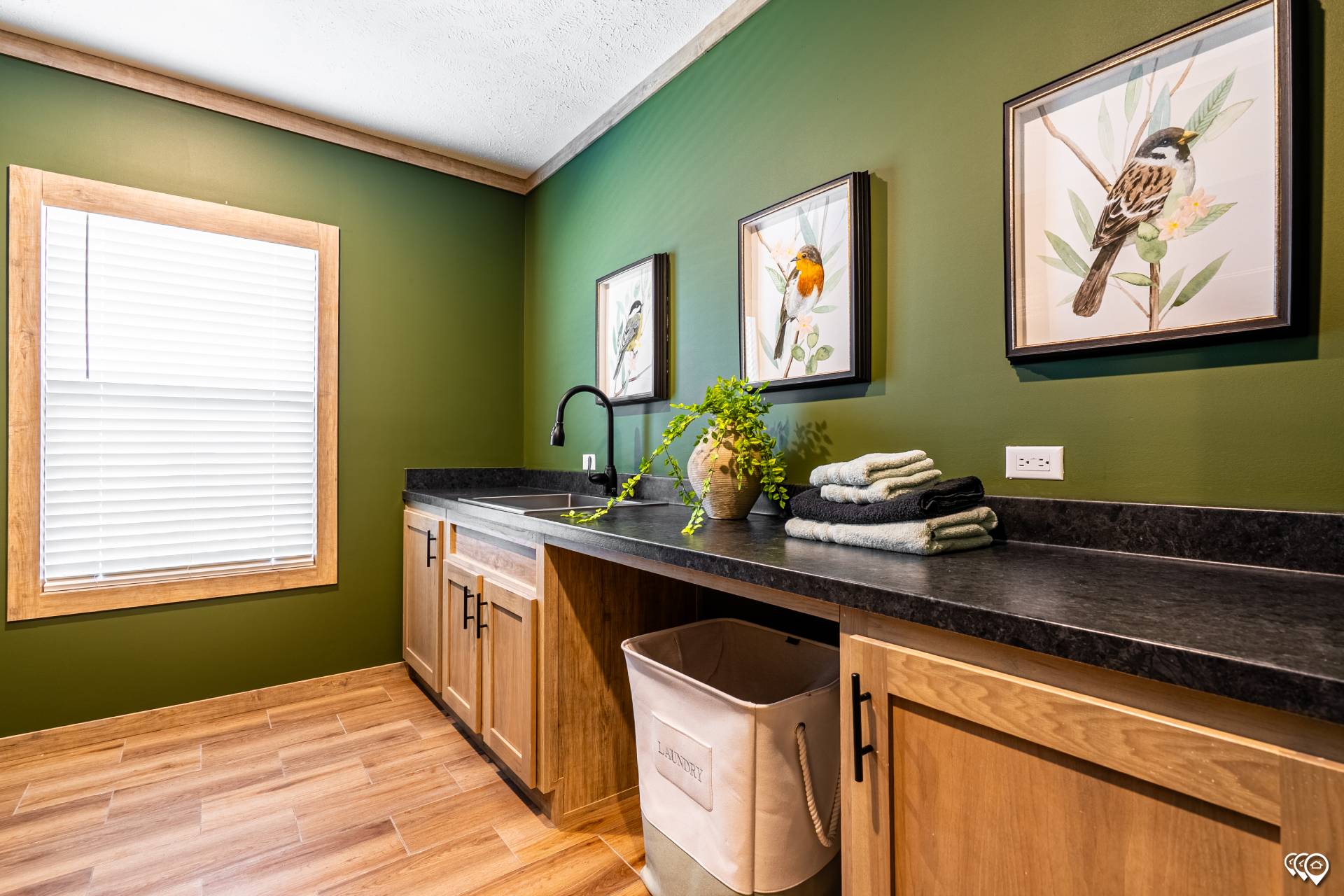 Laundry room with green walls and wooden cabinets. Art featuring birds decorates the wall. A stack of towels and a potted plant sit on the countertop.