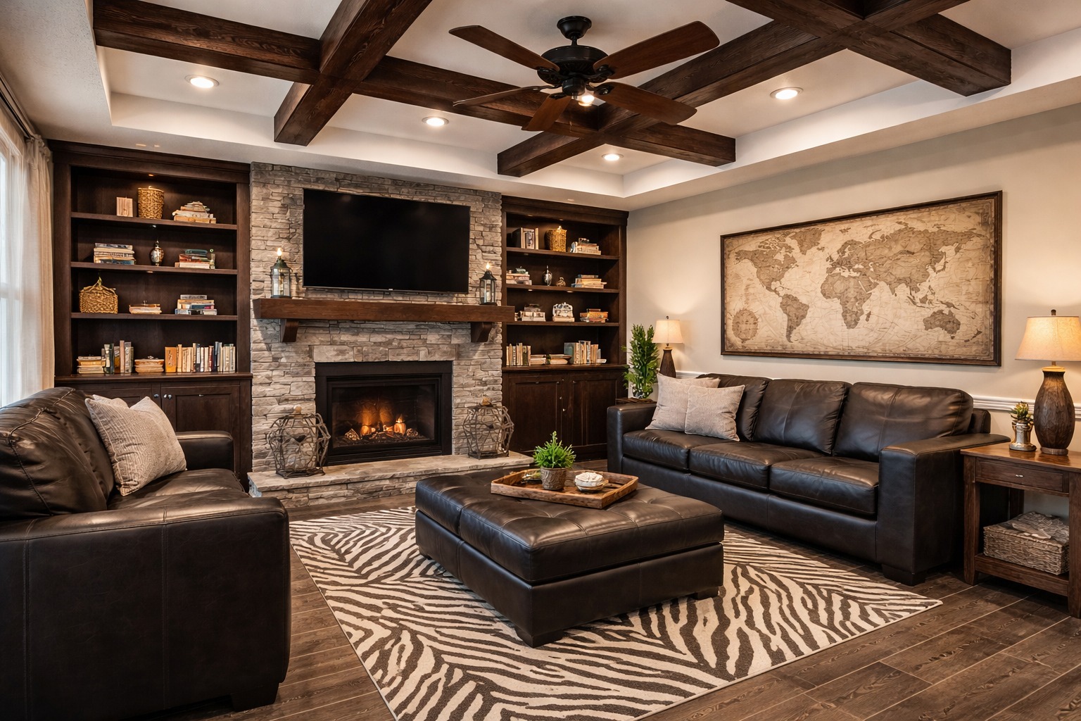 Cozy living room with dark leather sofas, a stone fireplace, and a TV above. Wooden ceiling beams, bookshelves, a zebra rug, and a world map add warmth.