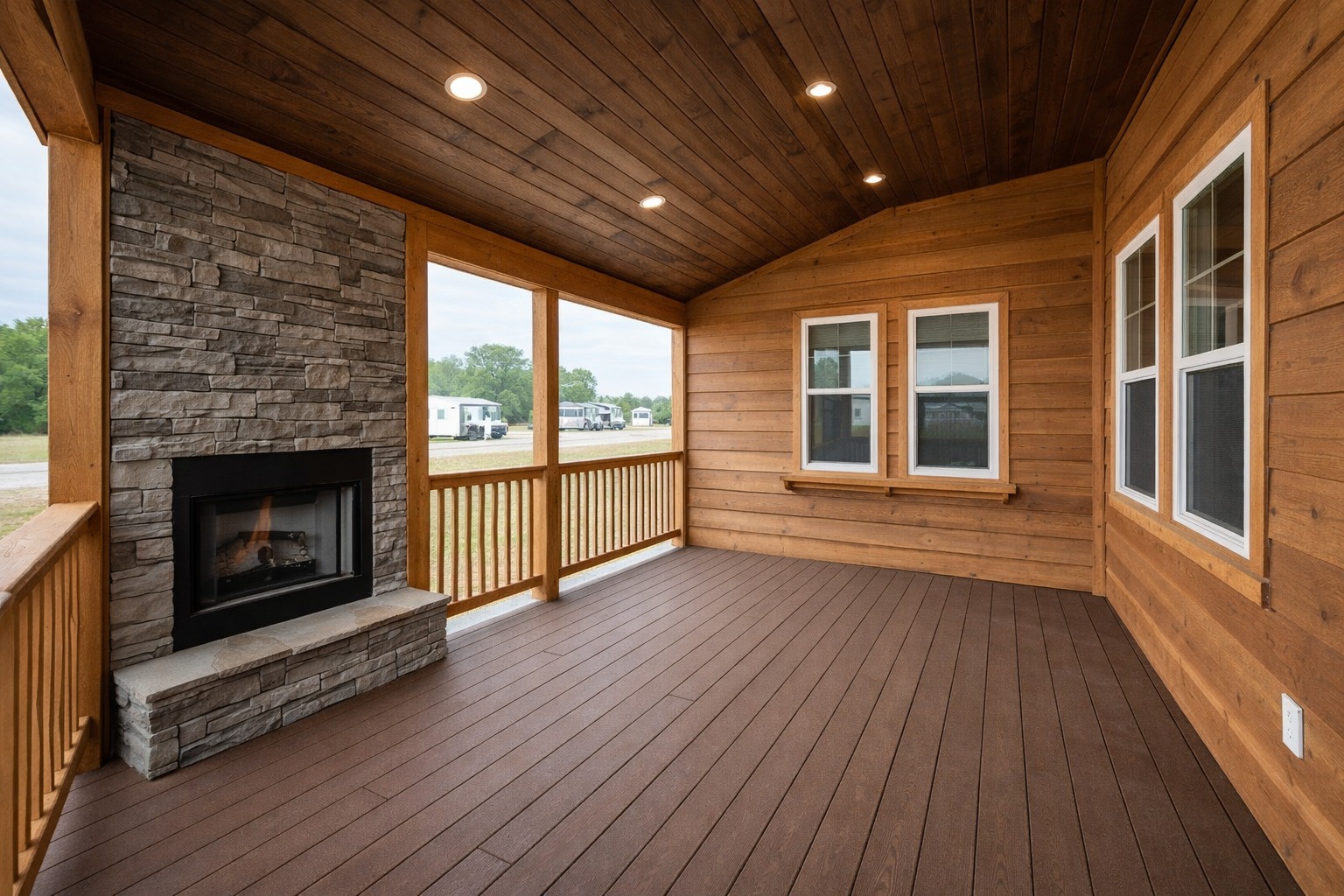 Wooden porch with stone fireplace, recessed lighting, and large windows. Overlooks a grassy area with trees and trailers in the background. Cozy and inviting.
