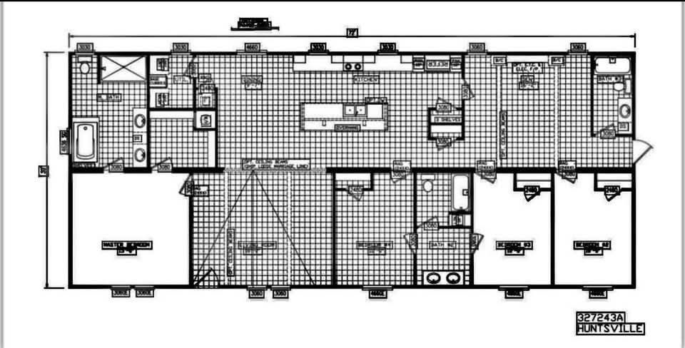 Floor plan with a rectangular layout showing three bedrooms, two bathrooms, a central kitchen with an island, and living area. Label: Huntsville.
