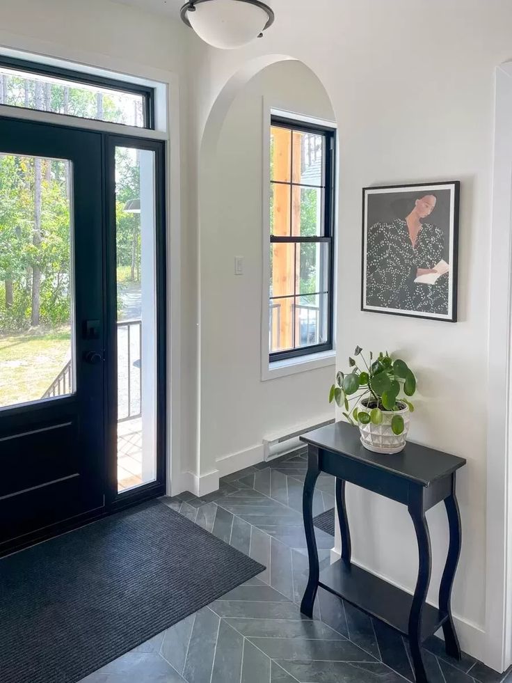 Bright entryway with black door and window, gray herringbone tile floor. A small black table holds a potted plant beneath a framed abstract artwork.