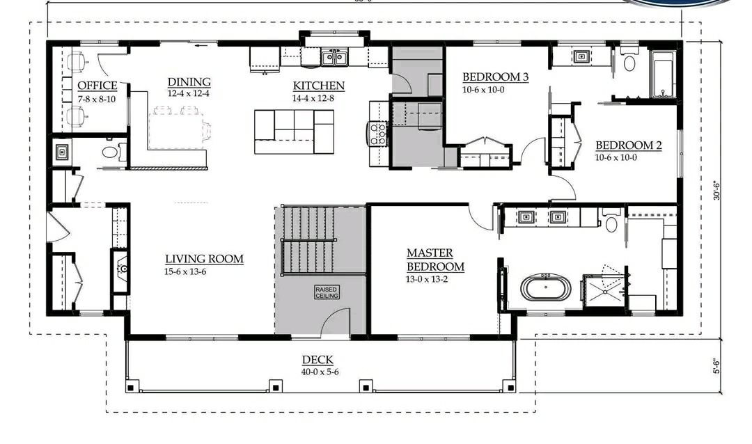 Floor plan of a single-story house featuring a living room, dining area, kitchen, office, three bedrooms, and a master bath with a large deck outside.