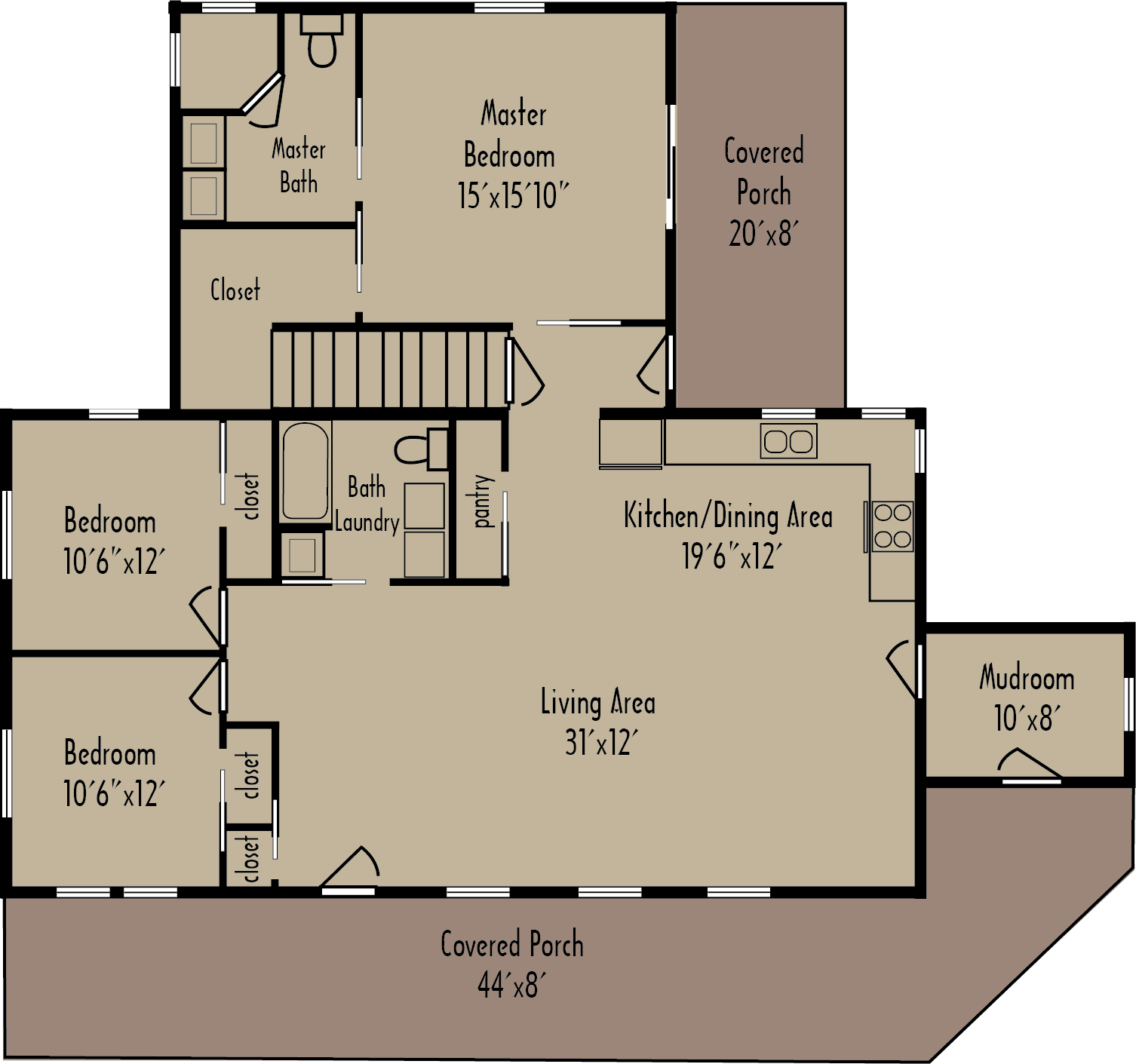 Floor plan featuring a master bedroom with bath, two bedrooms, shared bath, living area, kitchen/dining, mudroom, and two covered porches.