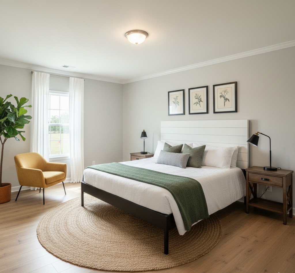 A cozy bedroom features a large bed with a white and green color scheme, two wooden nightstands, a yellow armchair, and a potted plant by a window.