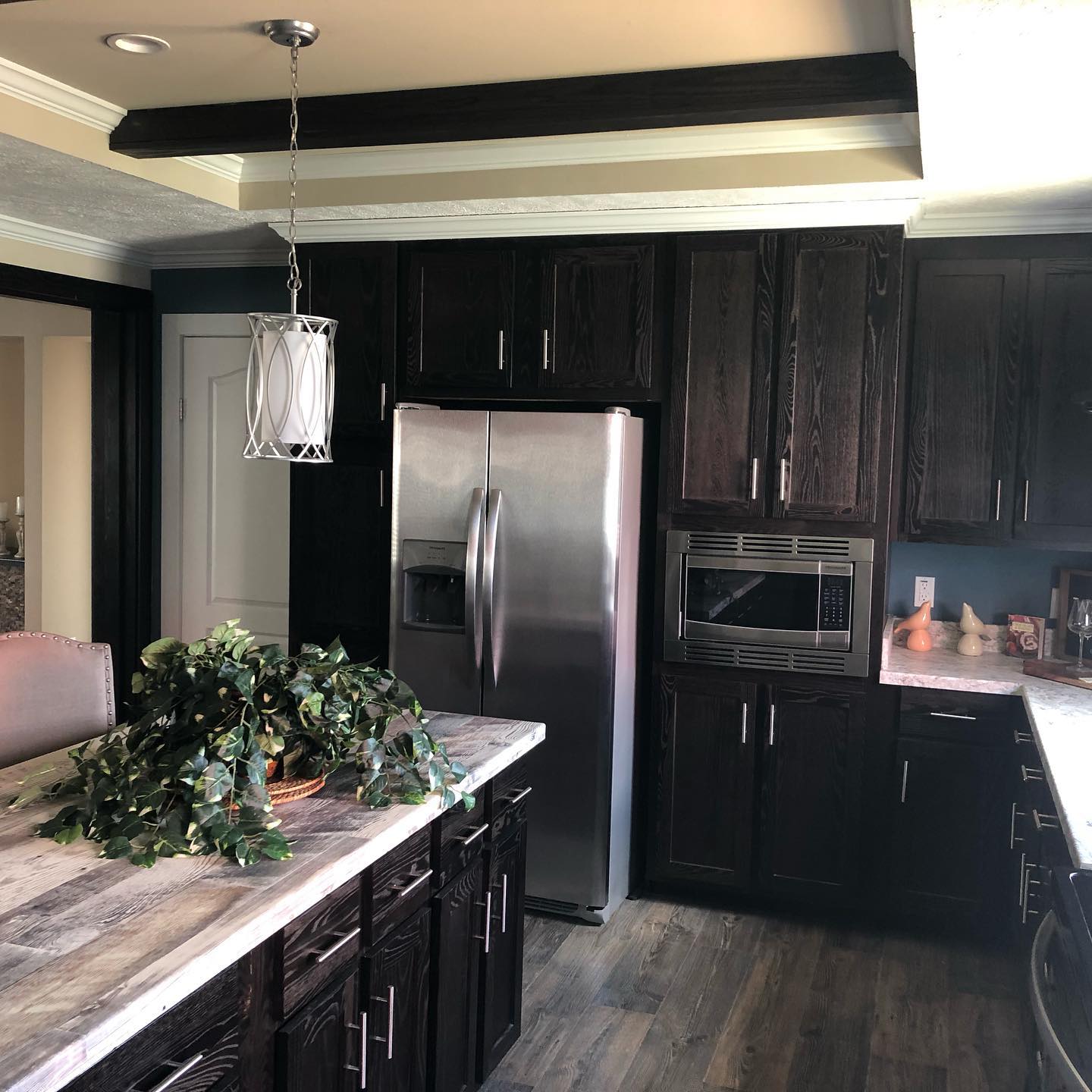 Modern kitchen with dark wood cabinets and stainless steel appliances, including a fridge and microwave. A leafy plant adorns the central island countertop.