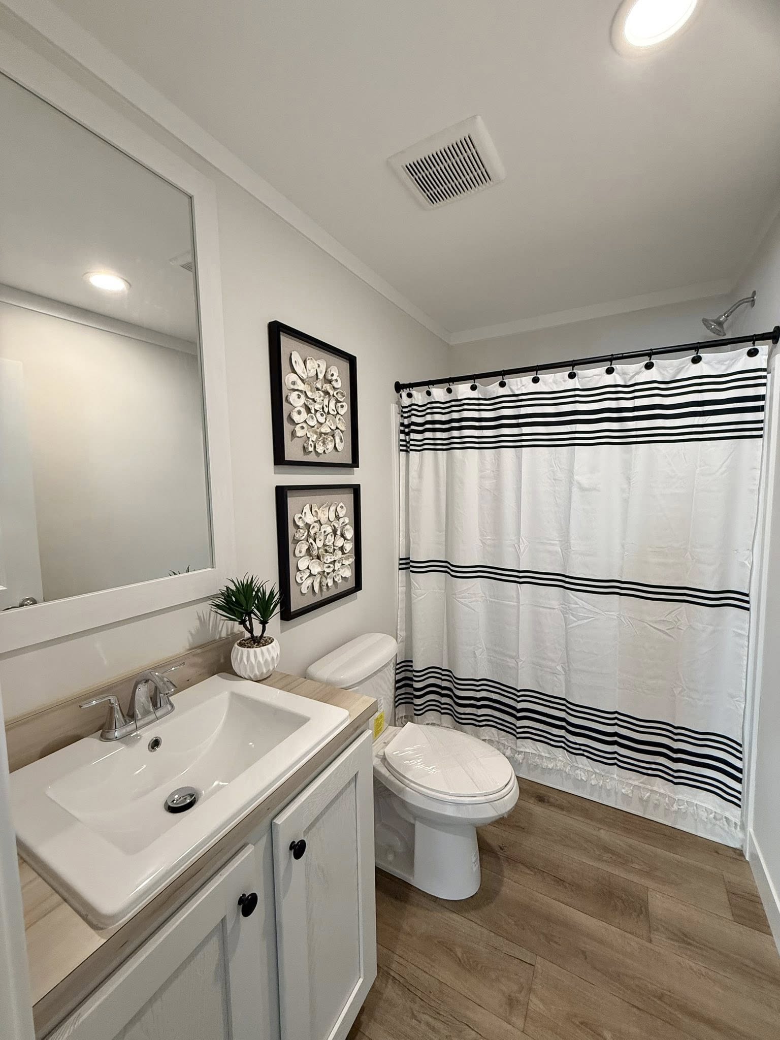 Modern bathroom with wood flooring, a white sink cabinet, and framed floral art above the toilet. Striped shower curtain and small plant add decor.